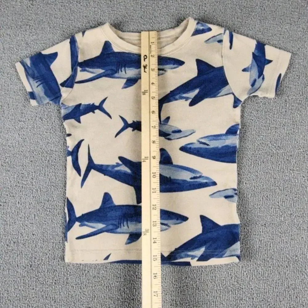 Carter's Shirt Youth 6 Beige Blue Shark Allover Graphic Tee Short Sleeve Cotton
